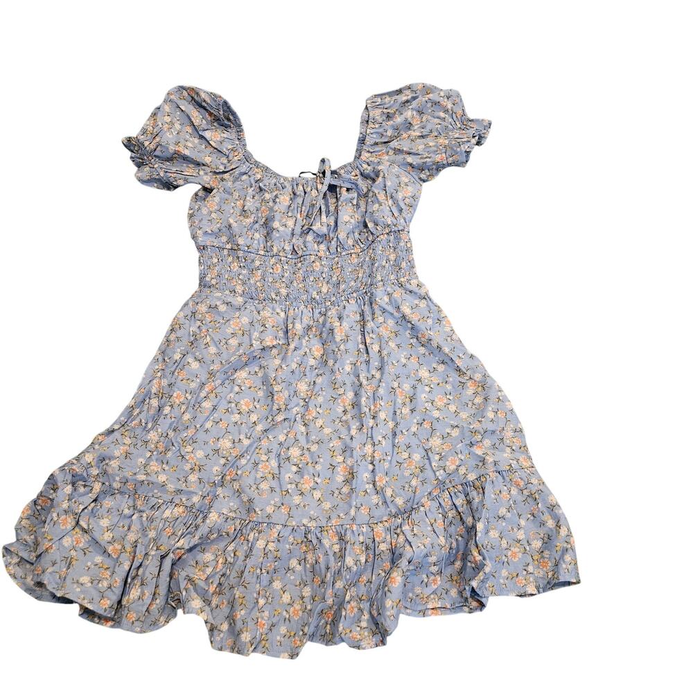 Hesperus Blue Floral Smocked Puff Sleeve Mini Dress Women’s Medium Lined